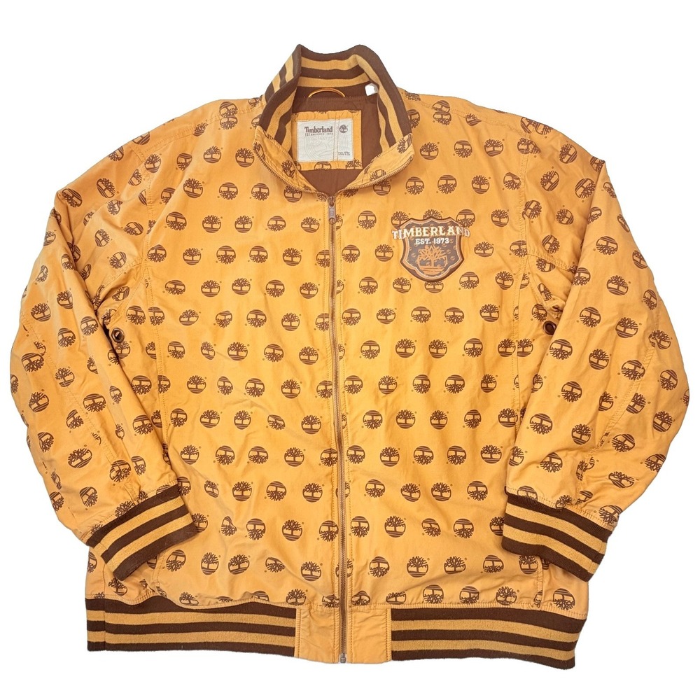 Y2K Timberland Men's XXL Wheat Brown All Over Tree Logo  Jacket Full Zip 2007